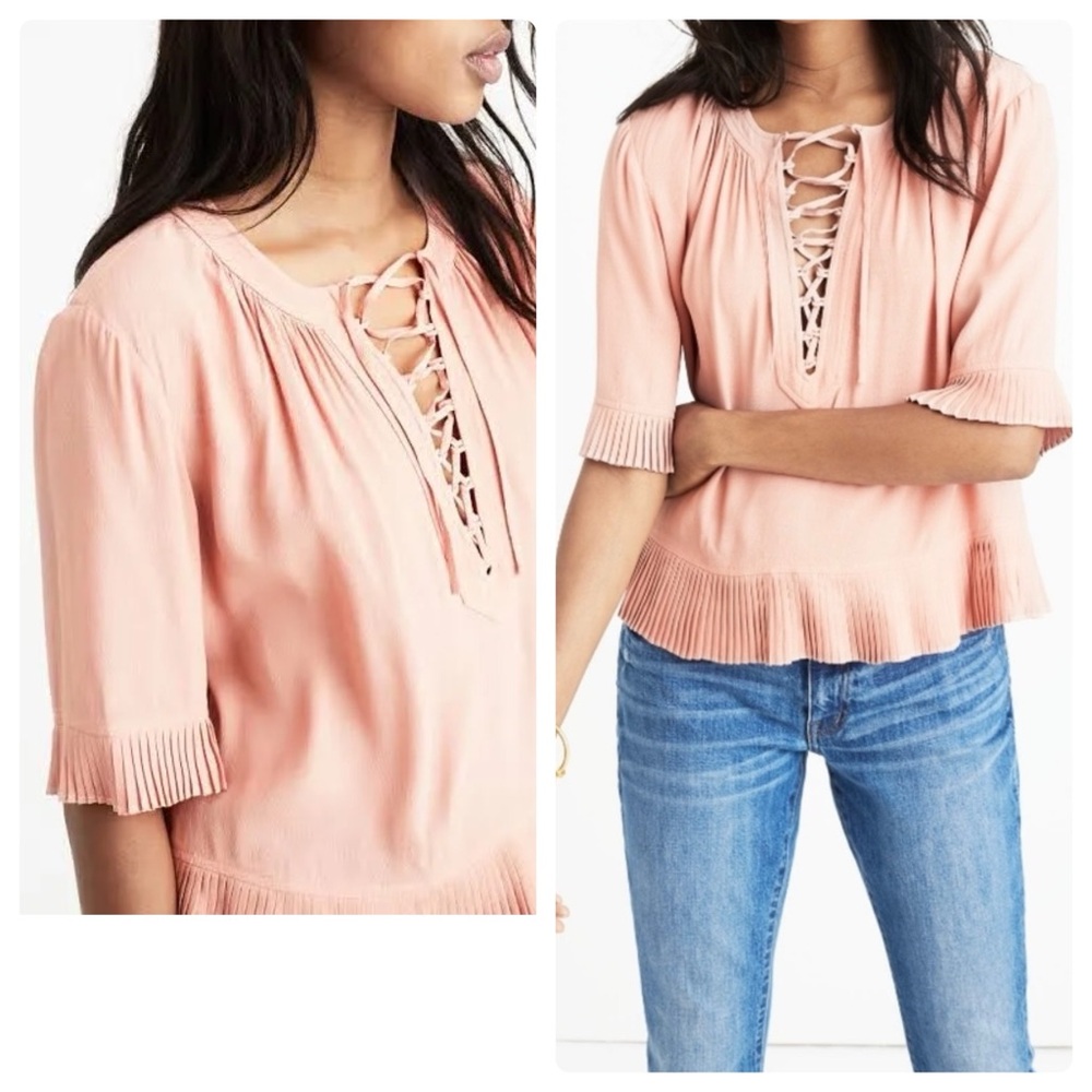 MADEWELL Top Sunpleat Lace-Up Tunic Top Shirt Blouse | Pleated Short Sleeve | S